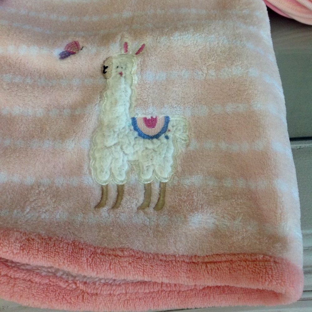 Adorable Pink Stripped Llama  Baby Blanket with a Set of 3 Burp Pads